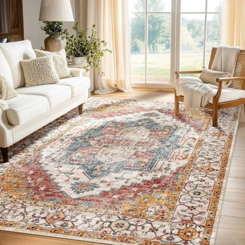 5x7 Washable Area Rug, Yellow/Brown Vintage Low-Pile Non-Slip Carpet for Home